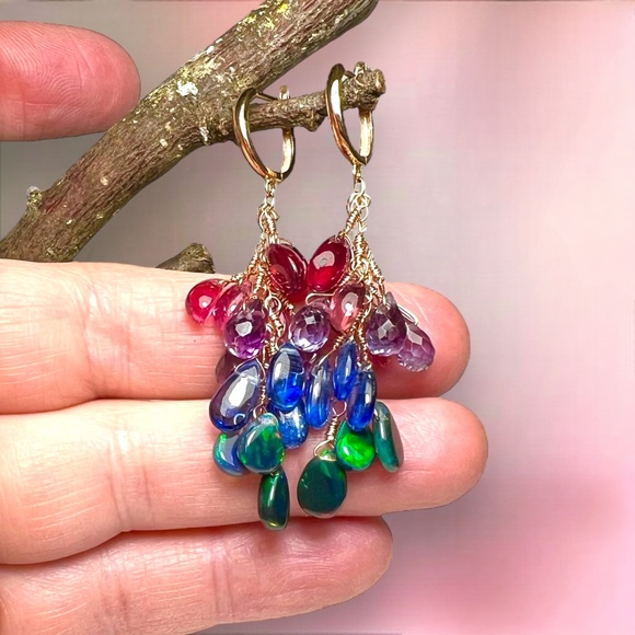Natural Rainbow Gemstone: Opal Tourmaline Ruby Earrings in Solid 18K Rose Gold - Picture 11 of 15